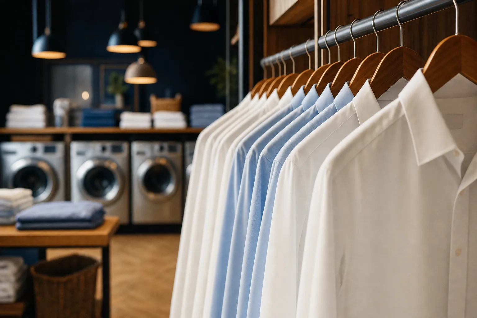 Freshly pressed shirts hanging inside a modern laundry