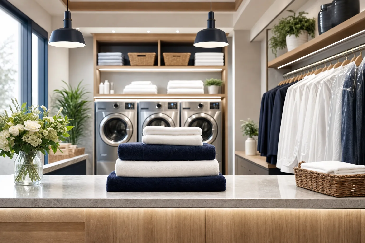 Modern laundry interior with folded linens and hanging garments