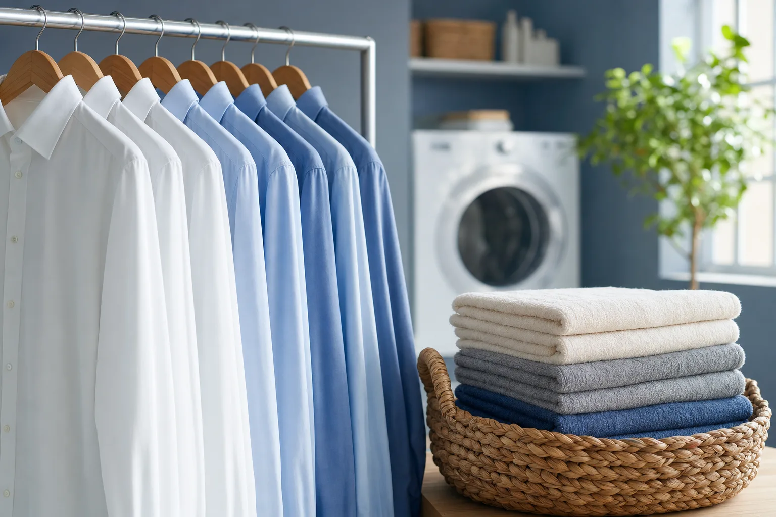 Fresh shirts and folded towels in a bright professional laundry