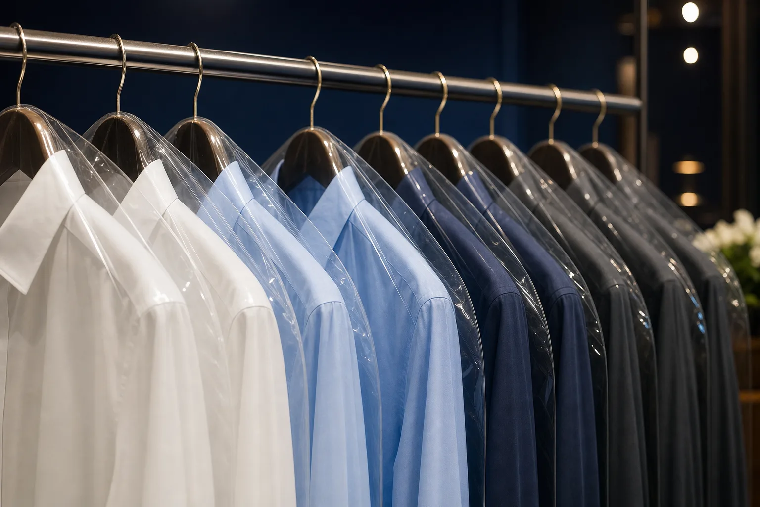 Clean shirts protected on hangers in a professional garment-care shop