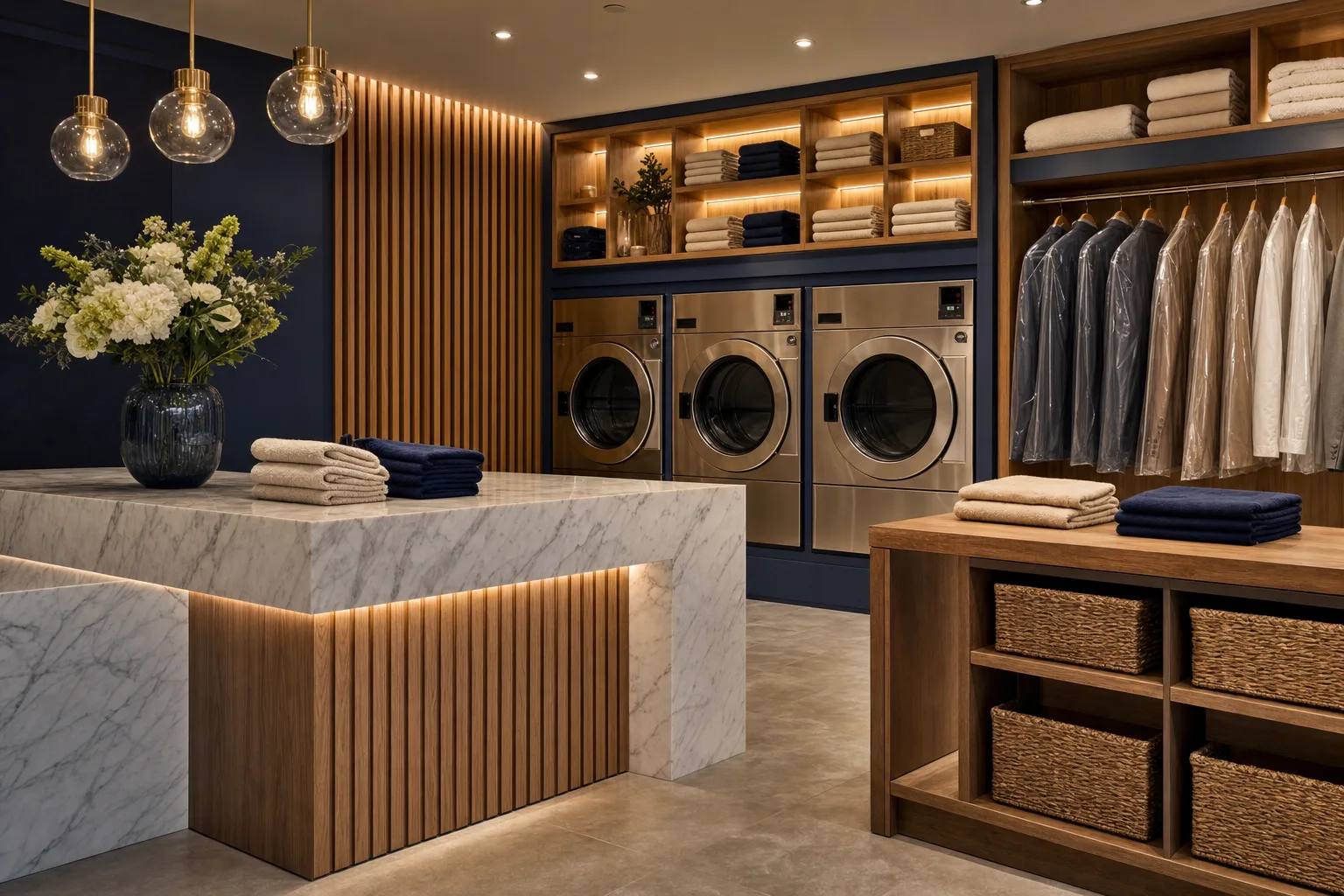 Warm modern laundry reception with machines, folded linens and protected garments