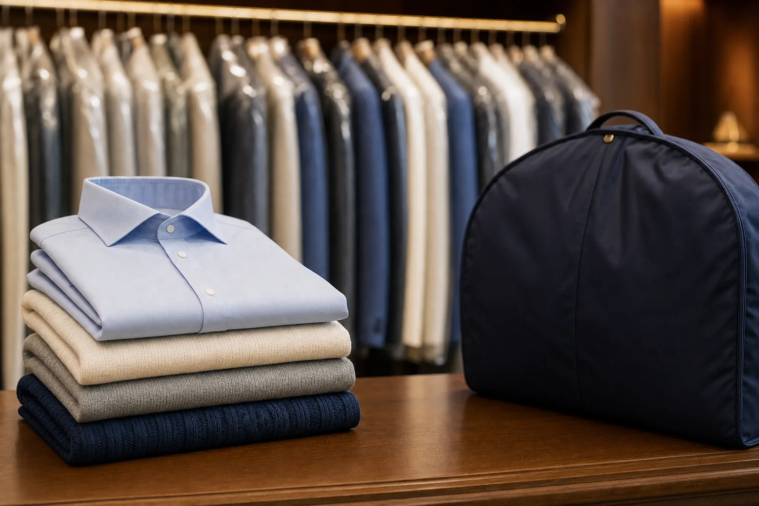 Folded clean garments beside hanging clothes in a warm professional laundry
